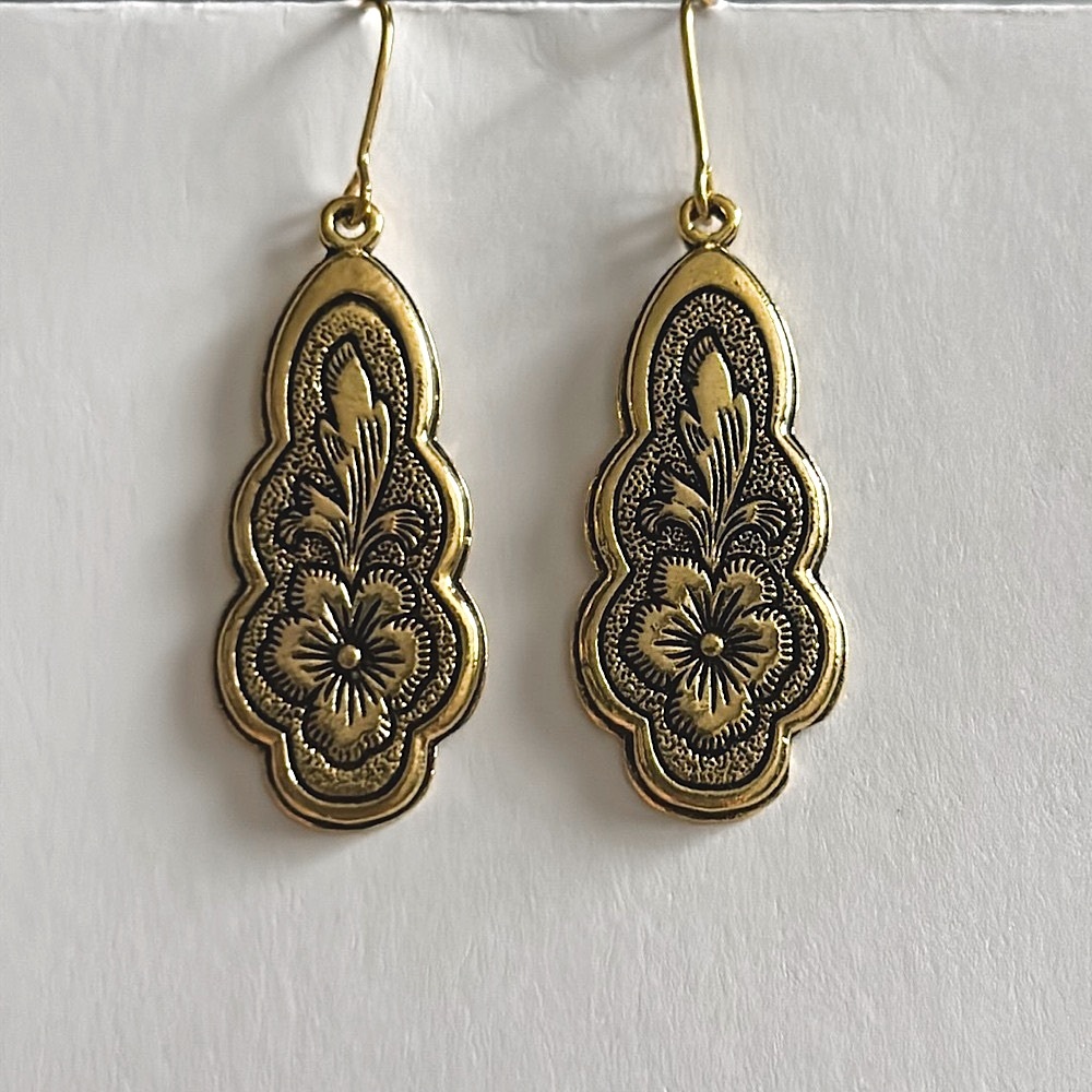 Wavy Boho Art Nouveau Style Drop Dangle Floral Engraved Gold Hook Earrings